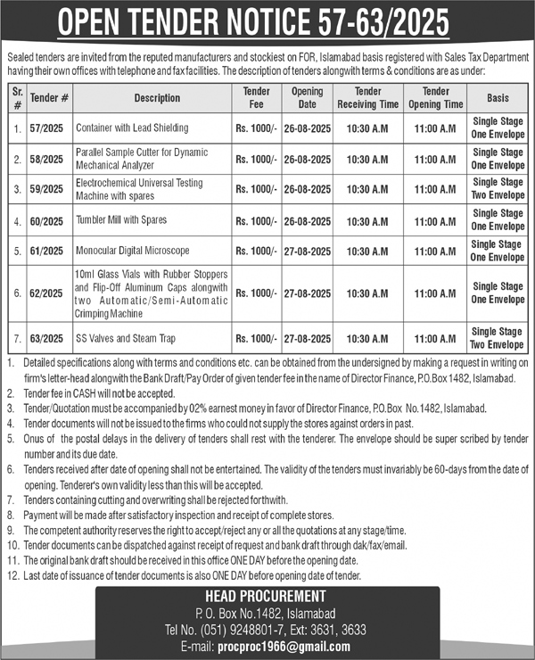 Public Sector Organization Islamabad Tender Notice